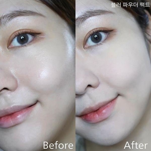 So sánh làn da trước và sau khi trang điểm, với sự thay đổi độ sáng và mịn màng.