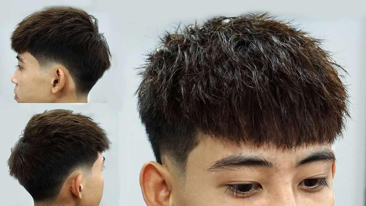Kiểu tóc nam cắt ngắn hai bên và phía sau, phần trên để dài hơn, tạo kiểu bồng bềnh tự nhiên.