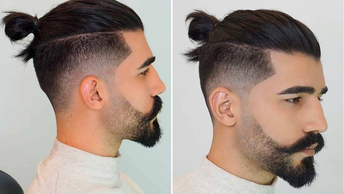 Một người đàn ông với kiểu tóc undercut và tóc búi nhỏ, nhìn nghiêng từ hai góc khác nhau.
