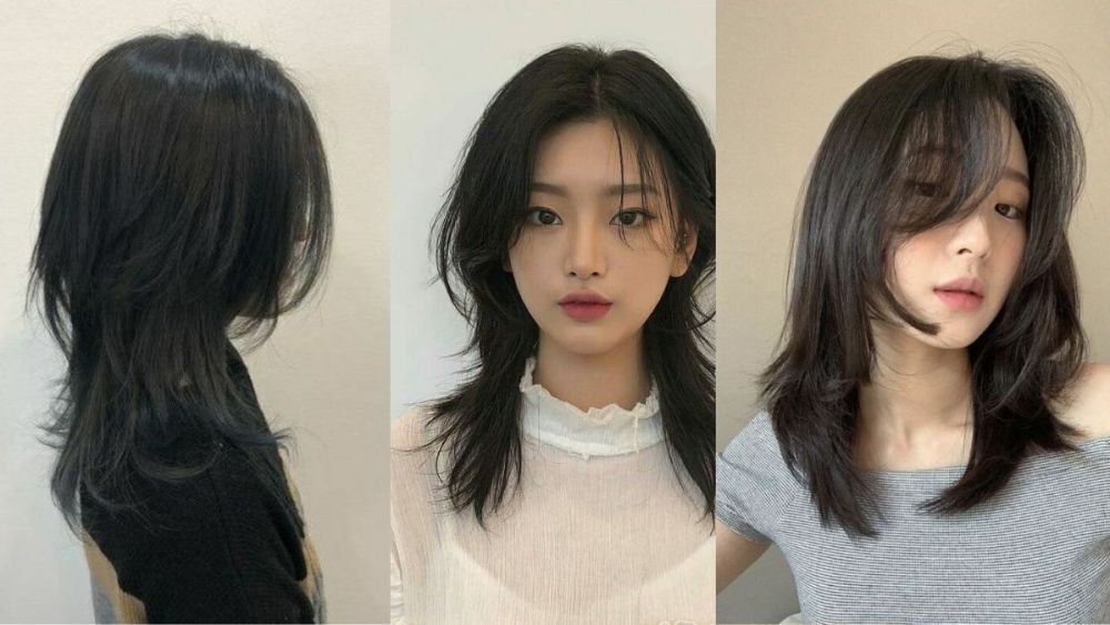 wolf-cut-12 Ba kiểu tóc mullet đen khác nhau, từ góc nghiêng, chính diện, và góc nghiêng khác, trên nền tường sáng.