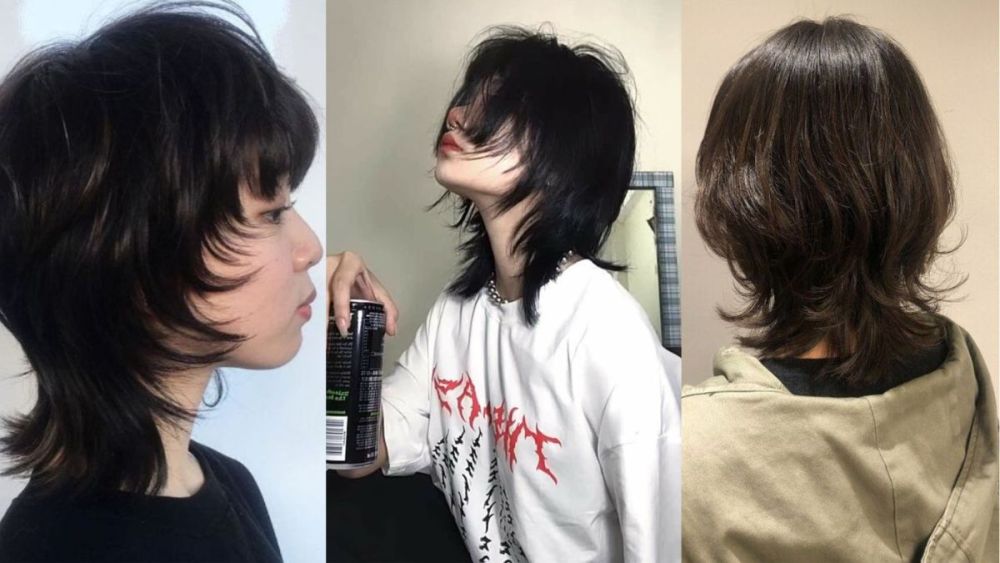 wolf-cut-5 Ba kiểu tóc mullet khác nhau trên ba người, chụp từ góc nghiêng và phía sau, thể hiện phong cách đa dạng.