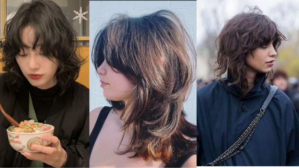 wolf-cut-7 Ba người với kiểu tóc mullet khác nhau, một người đang ăn, một người nhìn ngang và một người mặc áo khoác đen.