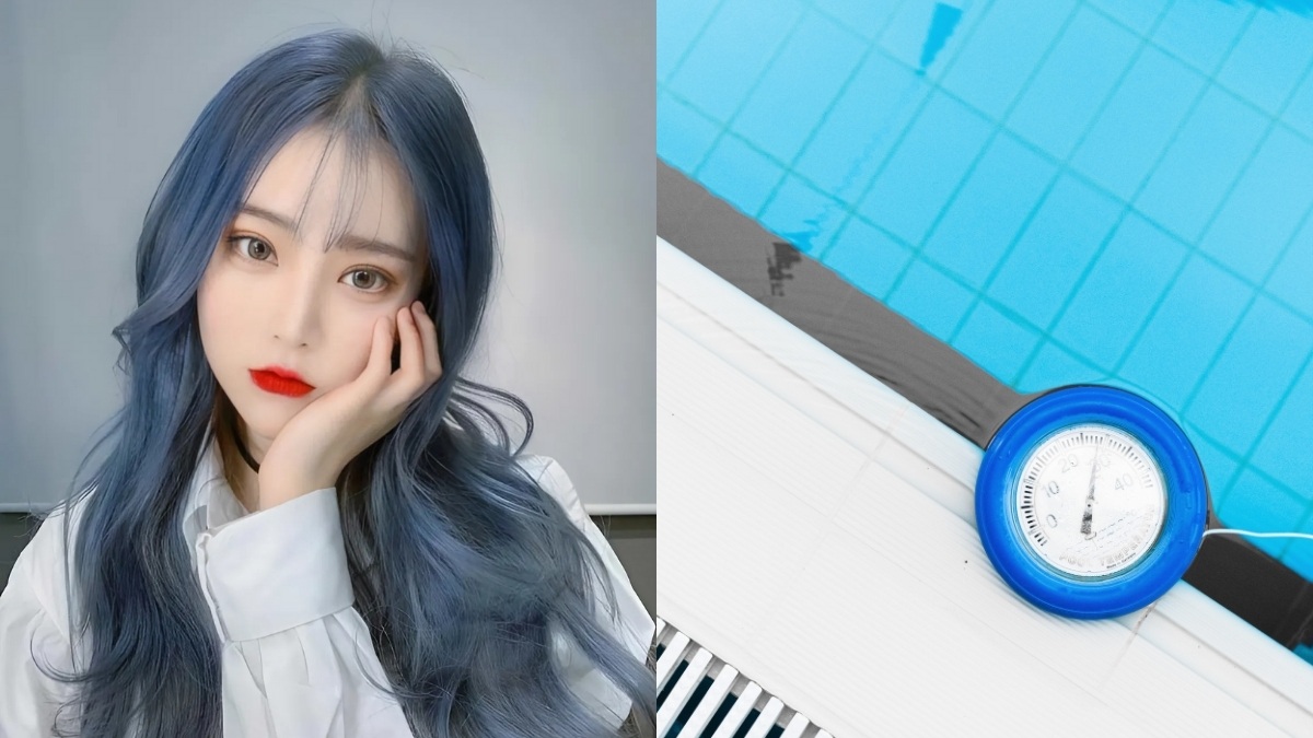 Một người có tóc dài màu xanh đứng bên trái, bên phải là đồng hồ đo nhiệt độ nổi trên nước bể bơi.
