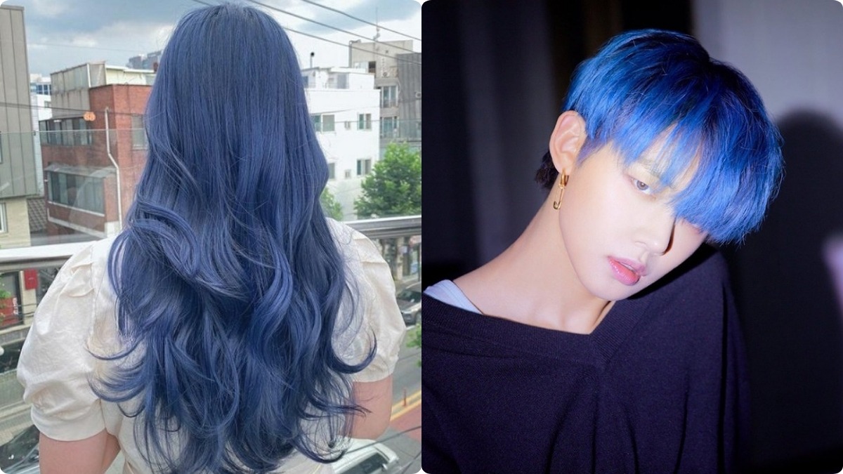 Bức ảnh gồm hai người có kiểu tóc màu xanh dương: một người tóc dài uốn lượn, người kia tóc ngắn và thẳng.