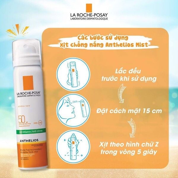 Chai xịt chống nắng và hướng dẫn sử dụng gồm ba bước: lắc đều, đặt cách mặt 15cm, xịt hình chữ Z.